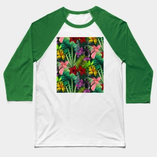 Elegant tropical flowers and leaves pattern purple illustration, dark green tropical pattern over a Baseball T-Shirt